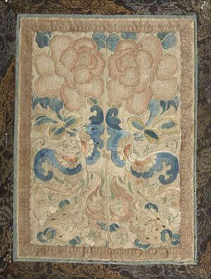 
	
		A Chinese silk embroidered panel, late 19th century, decorated with a pair of butterflies...