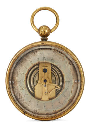 
	
		An English brass pocket aneroid barometer, late 19th century, with open-centred register...
