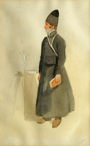 
	
		Attributed to Thomas Sewell Robbins, British 1810/14-1880- Standing man in traditional...