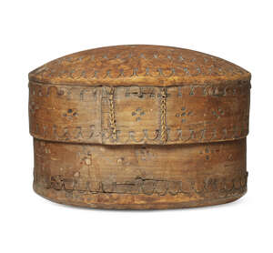
	
		A Norwegian bentwood box, early-mid 19th century, with chip-carved decoration, the...