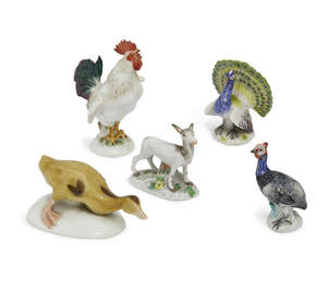 A group of five Meissen porcelain models of animals and birds, 20th century, all with blue...