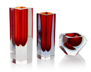 
	
		Murano, 
		 
		Two Sommerso block glass vases together with a Sommerso glass ashtray,...