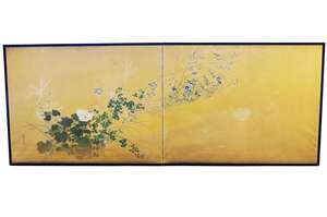 
	
		A Japanese furosaki two fold screen, 19th century, ink in colours against gold ground,...