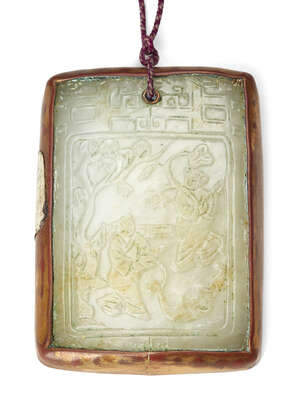 
	
		A Chinese pale green jade rectangular pendant plaque, Qing dynasty, finely carved in low...