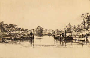 
	
		Sir Francis Seymour Haden PRE, British 1818-1910- River landscape with a lock; etching...