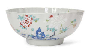 
	
		A Chinese export porcelain fluted bowl, Yongzheng period, painted in famille rose enamels...