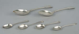 
	
		A pair of Victorian provincial silver fiddle pattern table spoons, Exeter c.1837, ...