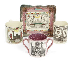 
	
		A Masonic Sunderland creamware frog mug, c. 1830, of cylindrical form, with applied loop...