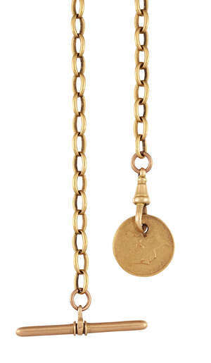 
	
		A late 19th century gold watch chain, with 'T-bar' and clip terminals, the clip...