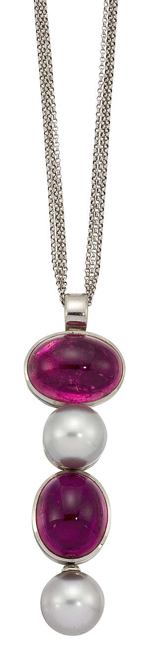 
	
		An 18ct white gold, pink Tourmaline and cultured pearl pendant by Leo de Vroomen,...