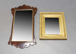 
	
		A George III style mahogany and parcel gilt fret carved mirror, 20th Century, 104cm high...