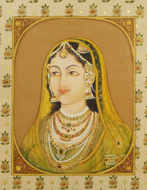 
	
		A pair of portraits of Indian noblemen, within arch ways, applied with tinsel decoration,...