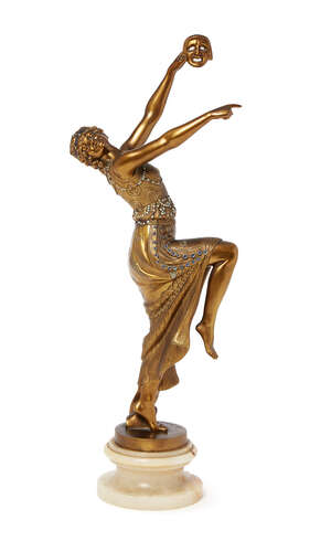 
	
		Joe Descomps (1869-1950), a gilt-bronze figure on an onyx base
		'Mask Dance', c.1925,...