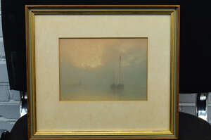 
	
		Henry Grayson, British exh 1912-13- Boats in a harbour at sunrise; pastel and pencil on...