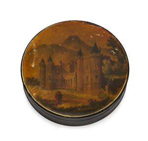 
	
		A Continental circular lacquered papier mâché box, late 19th century, printed and...
