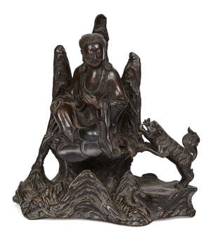 
	
		A Chinese bronze 'Guanyin' censer, Ming dynasty, modelled as Guanyin seated in front of...