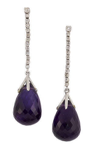 
	
		A pair of diamond and amethyst drop earrings, the briolette-cut amethyst drops suspended...