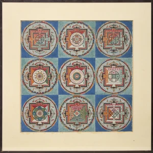 A study of Buddhist mandalas, 20th century, distemper on cloth, framed and glazed, 55 x 55cm