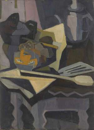 
	
		Kathe Strenitz, 
		British 1923-2017 - 
		 
		Still life with a coffee pot, spatula...