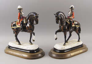 
	
		Two Michael Sutty porcelain limited edition figure groups of mounted Dragoon's, made to...