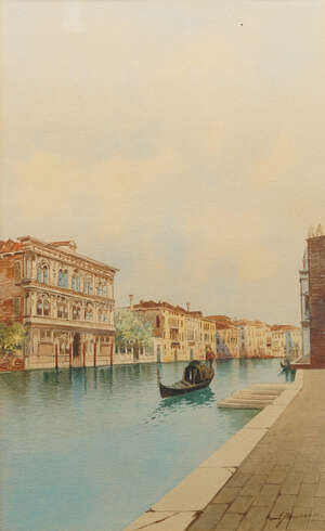 
	
		Andrea Biondetti, Italian 1851-1946- Venetian canal scene with a gondola; watercolour,...