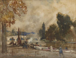 
	
		Henry Franks Waring, 
		British act 1900-1928- 
		 
		On the Thames, Richmond Bridge,...