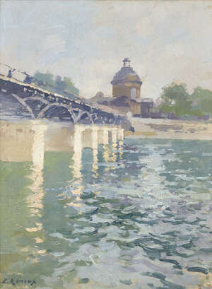 Ernest Jules Renoux, 
		French 1863-1932-
		 
		Les Pont des Arts;
		 
		oil on board, signed lower left, bears artist's estate stamp on the reverse