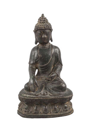 
	
		A Chinese bronze figure of Shakyamuni Buddha, Chenghua mark and period, seated in 