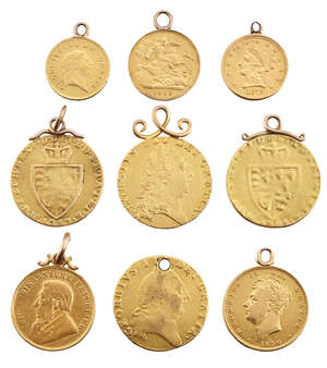A group of nine pendant mounted gold coins, comprising: four George III spade guineas, 1793, 1797, 1789, last illegible, (one drilled); a sovereign, 1830; a So