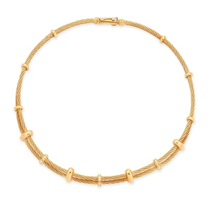 A diamond set semi-flexible collar necklace, composed of two rope-twist wire chains, with...