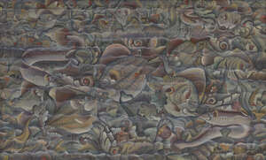 J.Q.P. SADRI (Balinese, 20th century), tempera on canvas, swimming fish, signed and inscribed...