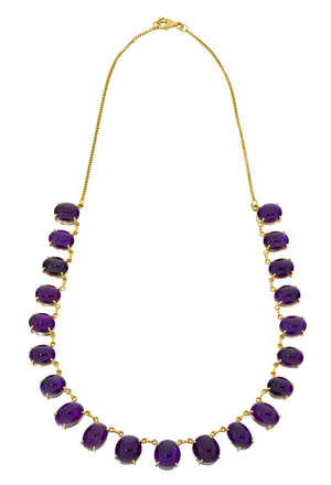
	
		An 18ct gold and amethyst necklace, the fringe front composed of a line of graduated oval...