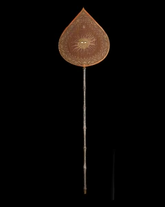 An embroidered yellow and purple velvet drop shaped fan, Mewar, Rajasthan, North India, 19th...