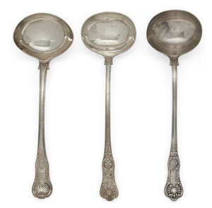 
	
		Three silver soup ladles, one Dublin, c.1827, Thomas Farnett; of King's pattern design...