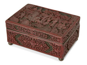 
	
		A Chinese red lacquer rectangular box, early 20th century, carved to the cover with...