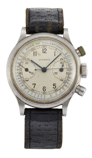 
	
		A stainless steel chronograph wristwatch, by Juvenia, the silvered dial with Arabic...