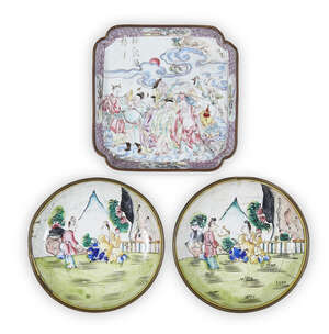 
	
		Three Chinese Canton enamel saucers, 18th - 19th century, comprising: a square saucer...