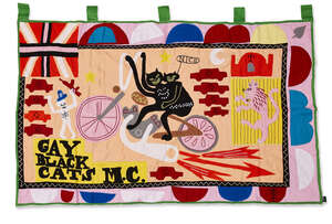 
	
		Grayson Perry CBE RA, 
		British b.1960- 
		 
		Gay Black Cats MC, 2017; 
		 
		cotton...
