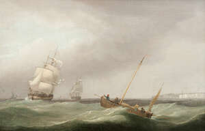 
	
		Attributed to Thomas Whitcombe, 
		British 1763-1824-
		 
		Off Dover, 1796;
		 
		oil...