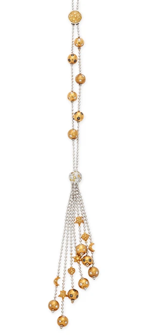 A diamond set tassel necklace, the tassels composed of ball link chains, with diamond and black...