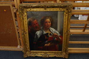 Studio of Jacob Jordaens, 
		Flemish 1593-1678- 
		 
		A Bearded Man and a Woman with a Parrot: 