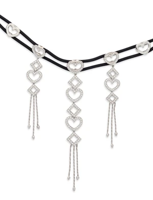 A diamond necklace, composed of three articulated panel drops, the openwork panels of heart and...