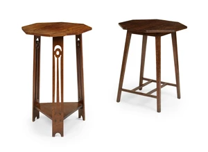 An Arts & Crafts coconut wood octagonal occasional table, first quarter 20th century, 62cm high, 51cm wide, 49cm deep, and an Arts & Crafts oak octagonal occa