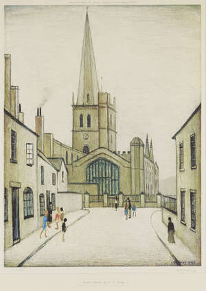 
	
		Laurence Stephen Lowry RBA RA, 
		British 1887-1976- 
		 
		Burford Church; 
		 
		