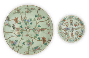 
	
		Two Chinese export porcelain famille rose celadon dishes, late 19th century, the charger...