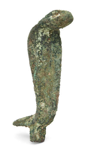
	
		An Egyptian bronze uraeus in the strike position with tenon for attachment at the base...