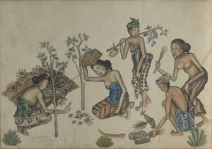
	
		I RENEH (Batuan, 1910-1976), set of five ink and colour on paper, traditional village...