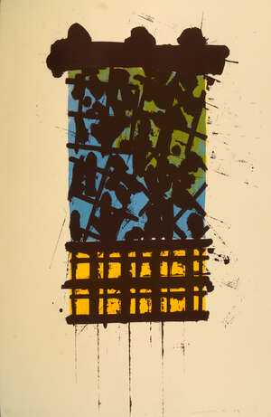 
	
		Stephen Buckley, 
		British b.1944- 
		Belt, 1983; 
		lithograph in colours, signed, dated...