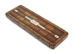 
	
		A Masonic Tunbridge ware cribbage board, late 19th century, of rectangular form, the...