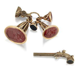
	
		Five antique hard stone fob seals and a 19th century pencil charm,  fob seals comprise:...